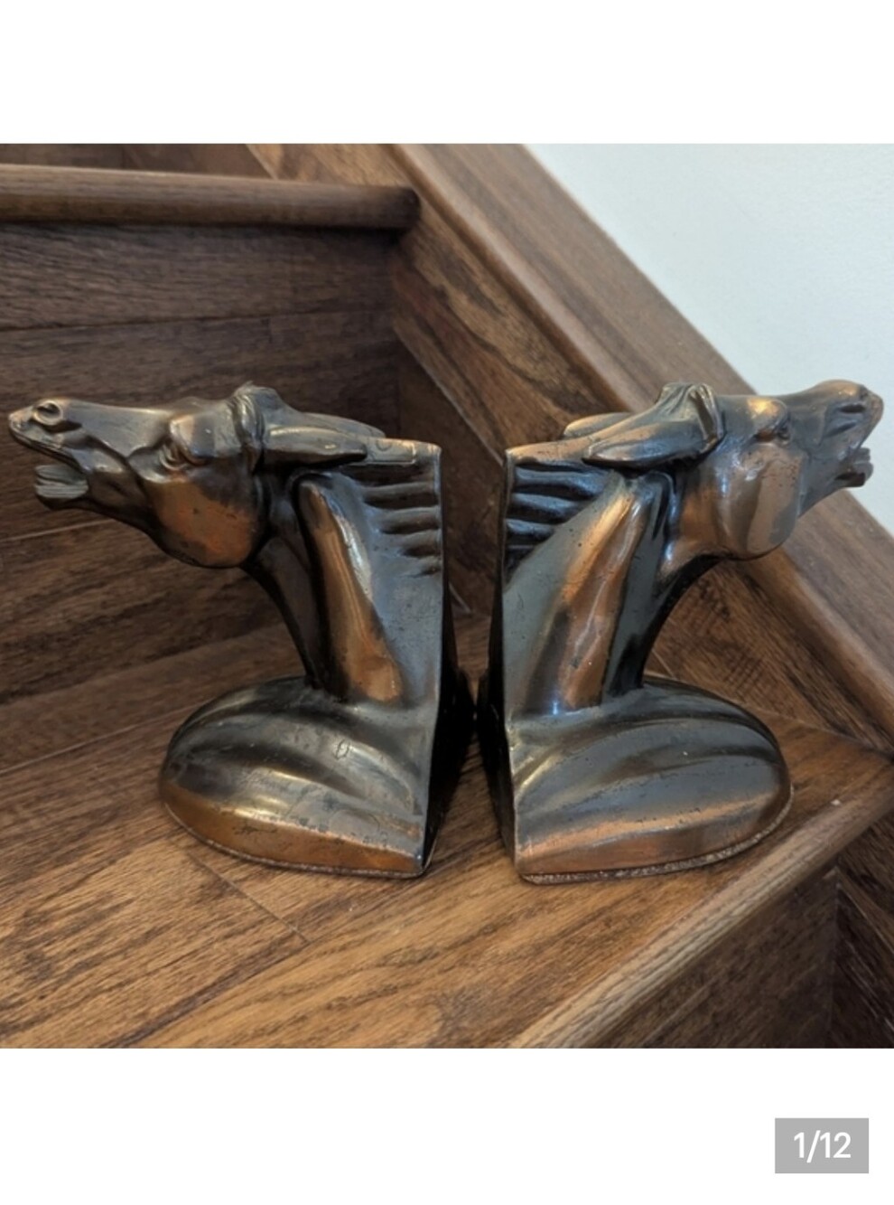 Vintage Metal Brass horse bookends, Excellent Condition show a rich patina